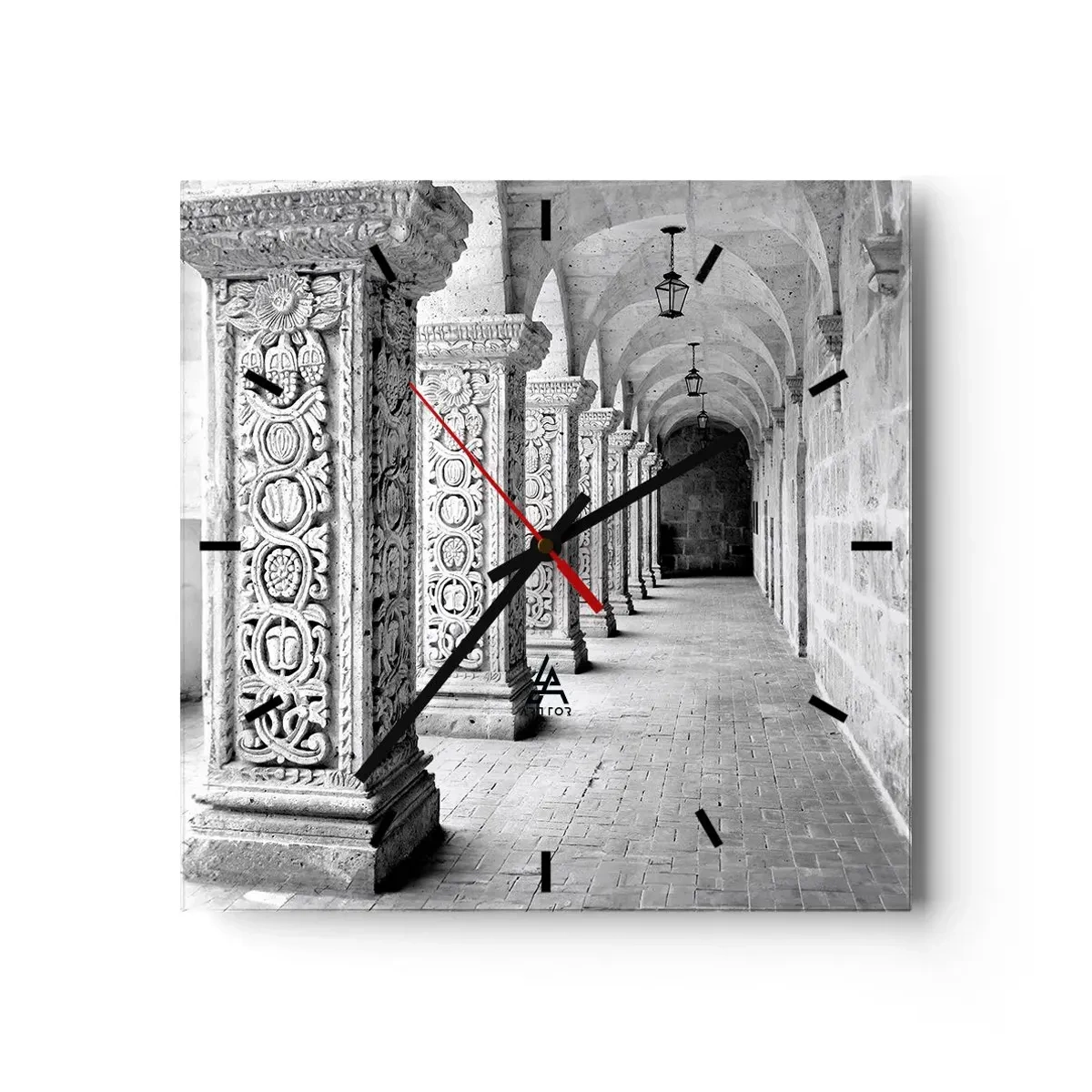 Reloj de pared - Reloj de vidrio - Columnas históricas en una toma monocromática - 30x30cm - ¿Y adónde nos llevará...? - Decoración de pared moderna para salón y dormitorio ARTTOR