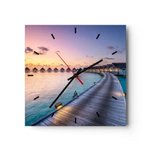 Reloj de pared - Reloj de vidrio - El muelle que conduce a las cabañas frente al mar al atardecer. - 30x30cm - Vacaciones - volver al origen - Decoración de pared moderna para salón y dormitorio ARTTOR