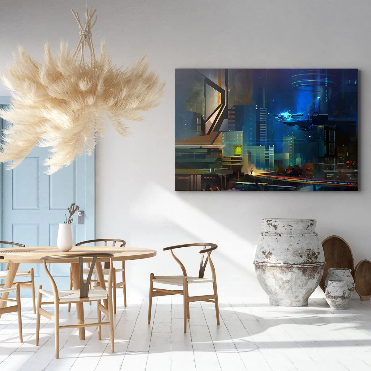 Cuadro sobre lienzo - Impresión de Imagen - Ciudad futurista de noche con luces de neón y un vehículo volador. - 70x50cm - En un futuro próximo - Decoración de pared moderna para salón y dormitorio ARTTOR