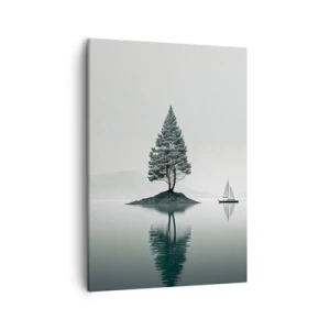 Cuadro sobre lienzo - Impresión de Imagen - Un paisaje minimalista con un árbol en una isla y un velero. - 50x70cm - Un sueño hecho realidad - Decoración de pared moderna para salón y dormitorio ARTTOR