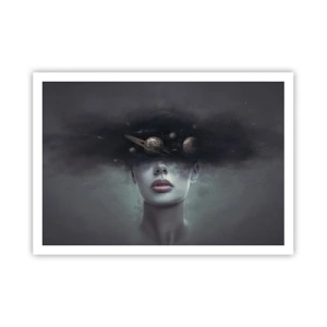 Póster - Un rostro de mujer con un motivo de planeta y espacio en el fondo. - 100x70cm - Y los planetas sienten... - Decoración de pared moderna para salón y dormitorio ARTTOR