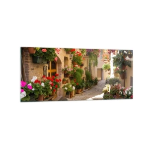 Cuadro sobre vidrio - Impresiones sobre Vidrio - Una calle con flores en macetas y muros de piedra. - 120x50cm - En un torrente de flores - Decoración de pared moderna para salón y dormitorio ARTTOR