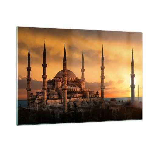 Cuadro sobre vidrio - Impresiones sobre Vidrio - La Mezquita Azul con el atardecer como telón de fondo - 120x80cm - Dios es grande - Decoración de pared moderna para salón y dormitorio ARTTOR