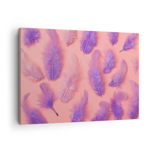 Cuadro sobre lienzo - Impresión de Imagen - Plumas moradas y rosas sobre un fondo pastel. - 70x50cm - Un pájaro lila del deseo - Decoración de pared moderna para salón y dormitorio ARTTOR
