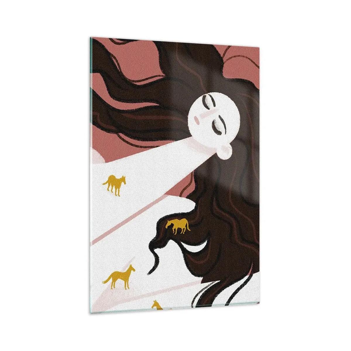 Cuadro sobre vidrio - Impresiones sobre Vidrio - Una figura con los ojos cerrados rodeada de caballos dorados. - 80x120cm - Sueño de caballos dorados - Decoración de pared moderna para salón y dormitorio ARTTOR
