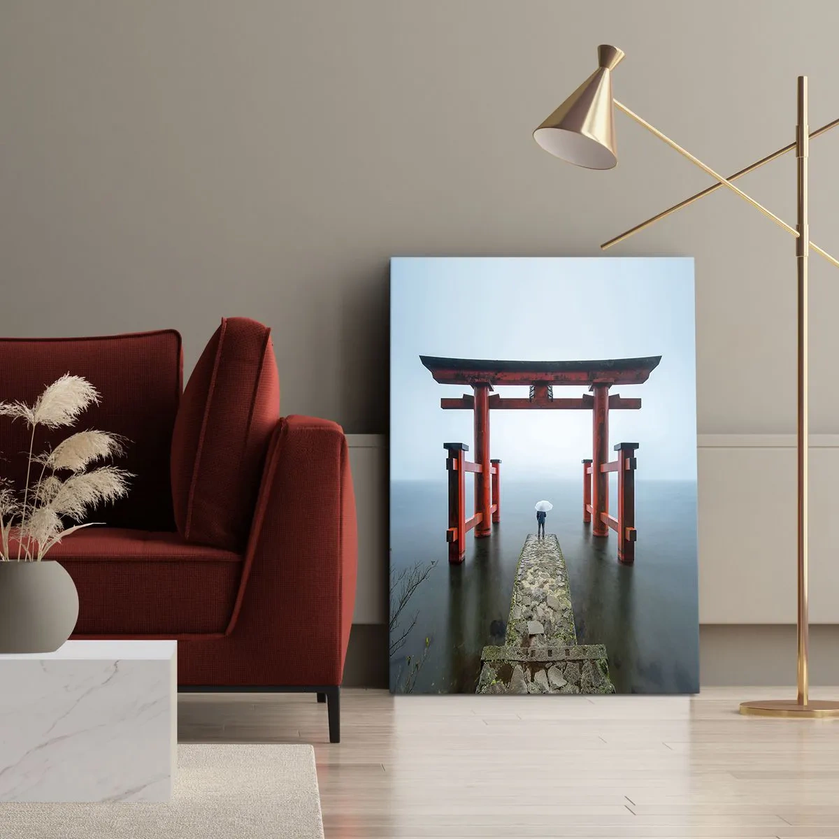 Cuadro sobre lienzo - Impresión de Imagen - Una puerta torii con vistas a un lago tranquilo en Japón - 80x120cm - Ensueño japonés - Decoración de pared moderna para salón y dormitorio ARTTOR