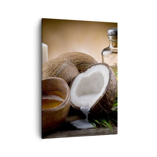 Cuadro sobre lienzo - Impresión de Imagen - Cocos, vela y aceite sobre fondo de madera. - 50x70cm - Salud de las islas tropicales - Decoración de pared moderna para salón y dormitorio ARTTOR