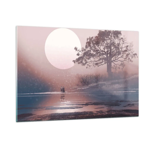 Cuadro sobre vidrio - Impresiones sobre Vidrio - Un paisaje mágico con un árbol, una luna y figuras. - 120x80cm - Rarezas nocturnas - Decoración de pared moderna para salón y dormitorio ARTTOR