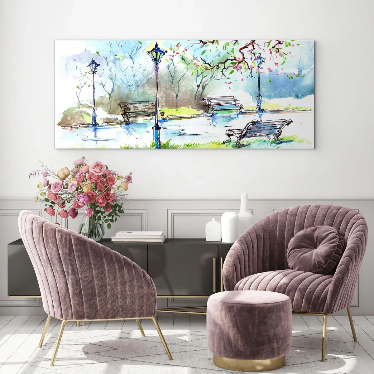 Cuadro sobre vidrio - Impresiones sobre Vidrio - Escena de parque de acuarela con bancos y lámparas. - 120x50cm - El encanto del silencio del parque - Decoración de pared moderna para salón y dormitorio ARTTOR