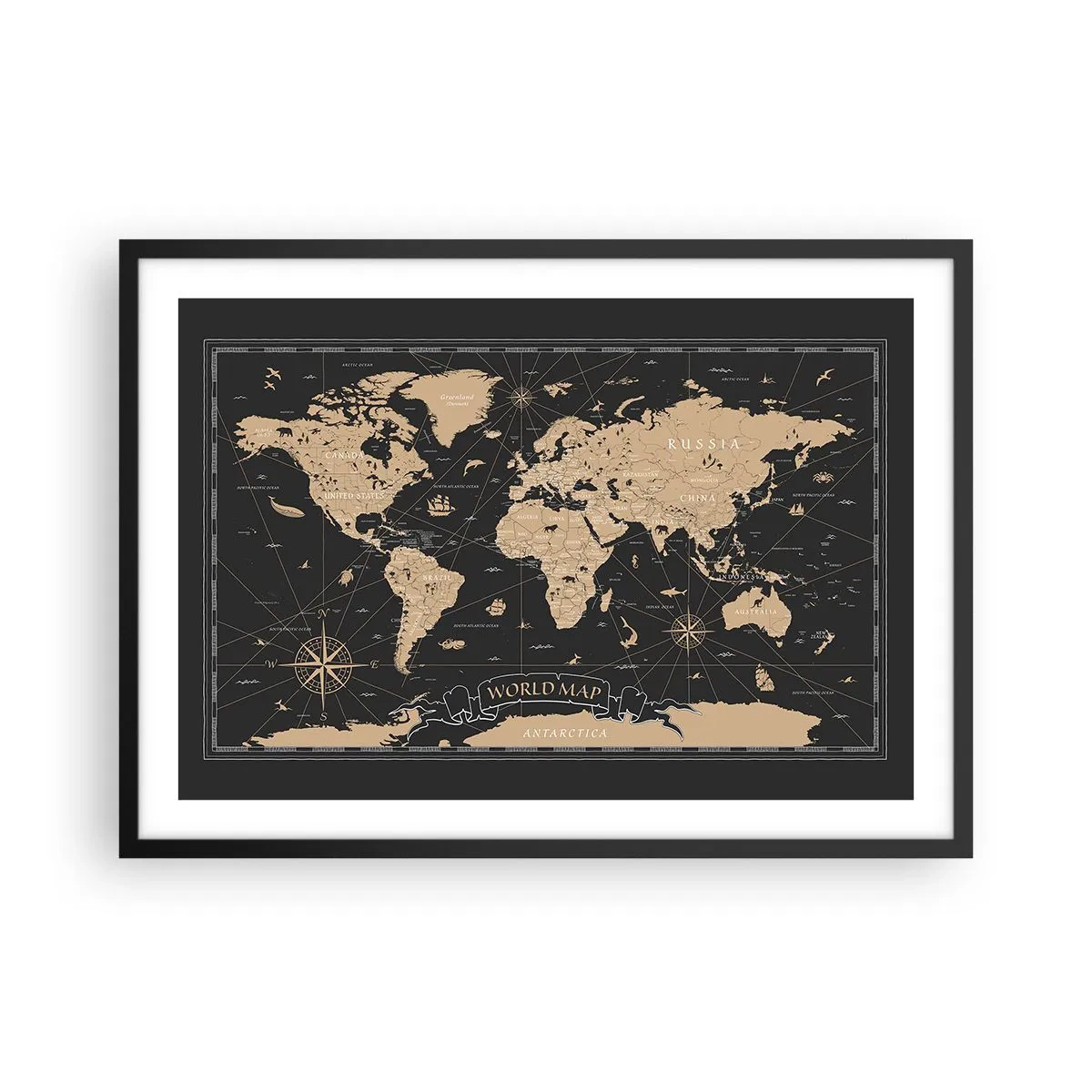 Póster en marco negro - Un mapa del mundo estilizado sobre un fondo negro con acentos beige. - 70x50cm - Las fronteras de mi mundo - Decoración de pared moderna para salón y dormitorio ARTTOR