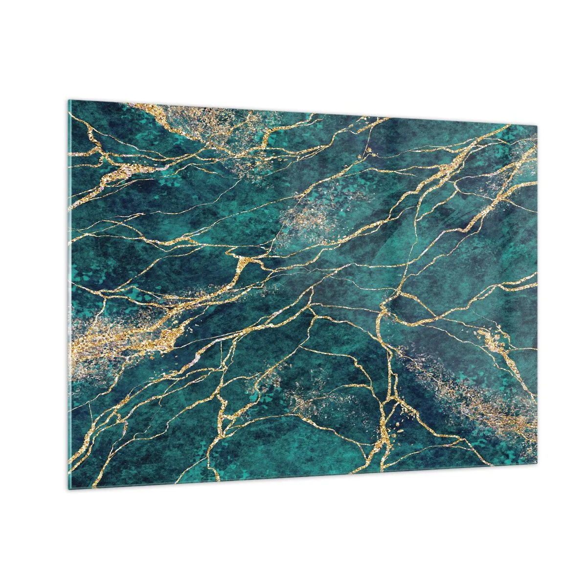 Cuadro sobre vidrio - Impresiones sobre Vidrio - Piedra jaspeada con vetas doradas, tonos verde azulado y verde. - 100x70cm - Riachuelos de oro - Decoración de pared moderna para salón y dormitorio ARTTOR