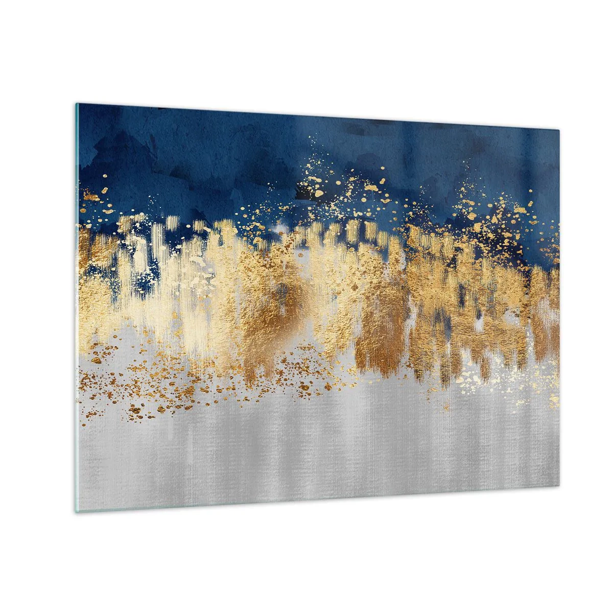 Cuadro sobre vidrio - Impresiones sobre Vidrio - Acentos dorados sobre un fondo azul marino y plateado. - 70x50cm - Composición moderna con chispas - Decoración de pared moderna para salón y dormitorio ARTTOR