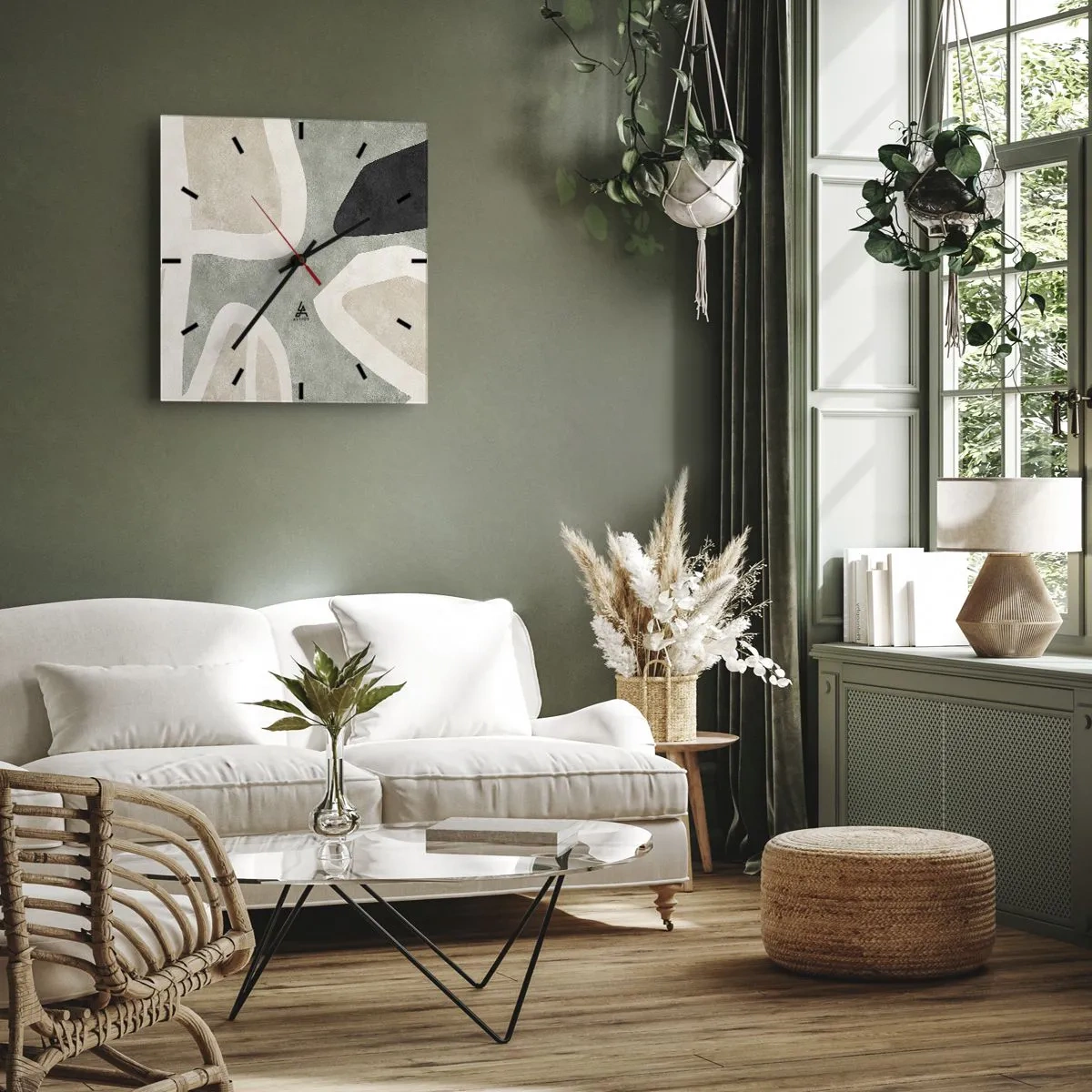 Reloj de pared - Reloj de vidrio - Composición con un toque negro - 30x30 cm