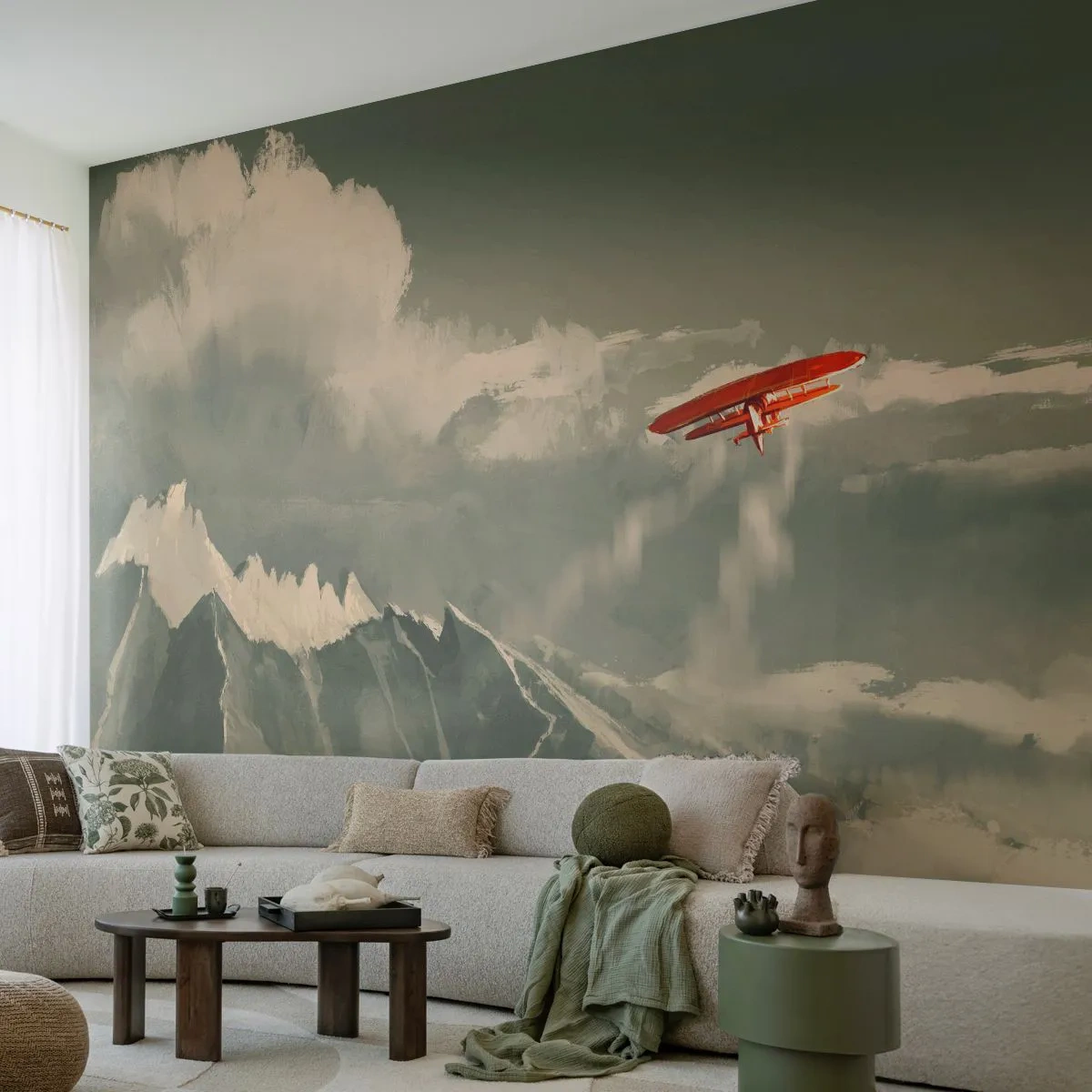 Fotomural Premium Sand - Pionero sin miedo - Abstracción, Avión, paisaje de montaña - 350x256 cm