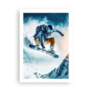 Póster - Un snowboarder vuela sobre un pico de montaña cubierto de nieve. - 50x70cm - Emociones extremas - Decoración de pared moderna para salón y dormitorio ARTTOR