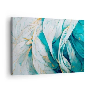 Cuadro sobre lienzo - Impresión de Imagen - Hojas azules abstractas con detalles dorados - 70x50cm - Abstracción azul con motivos dorados - Decoración de pared moderna para salón y dormitorio ARTTOR
