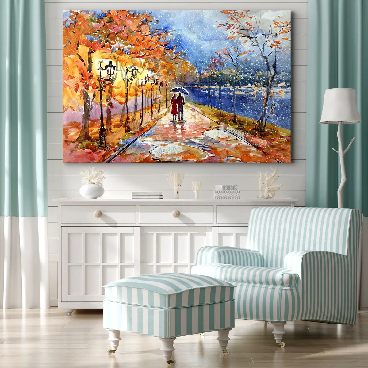 Cuadro sobre lienzo - Impresión de Imagen - Un paseo otoñal por el parque a orillas del río bajo una sombrilla. - 70x50cm - Juntos hasta el límite del tiempo - Decoración de pared moderna para salón y dormitorio ARTTOR