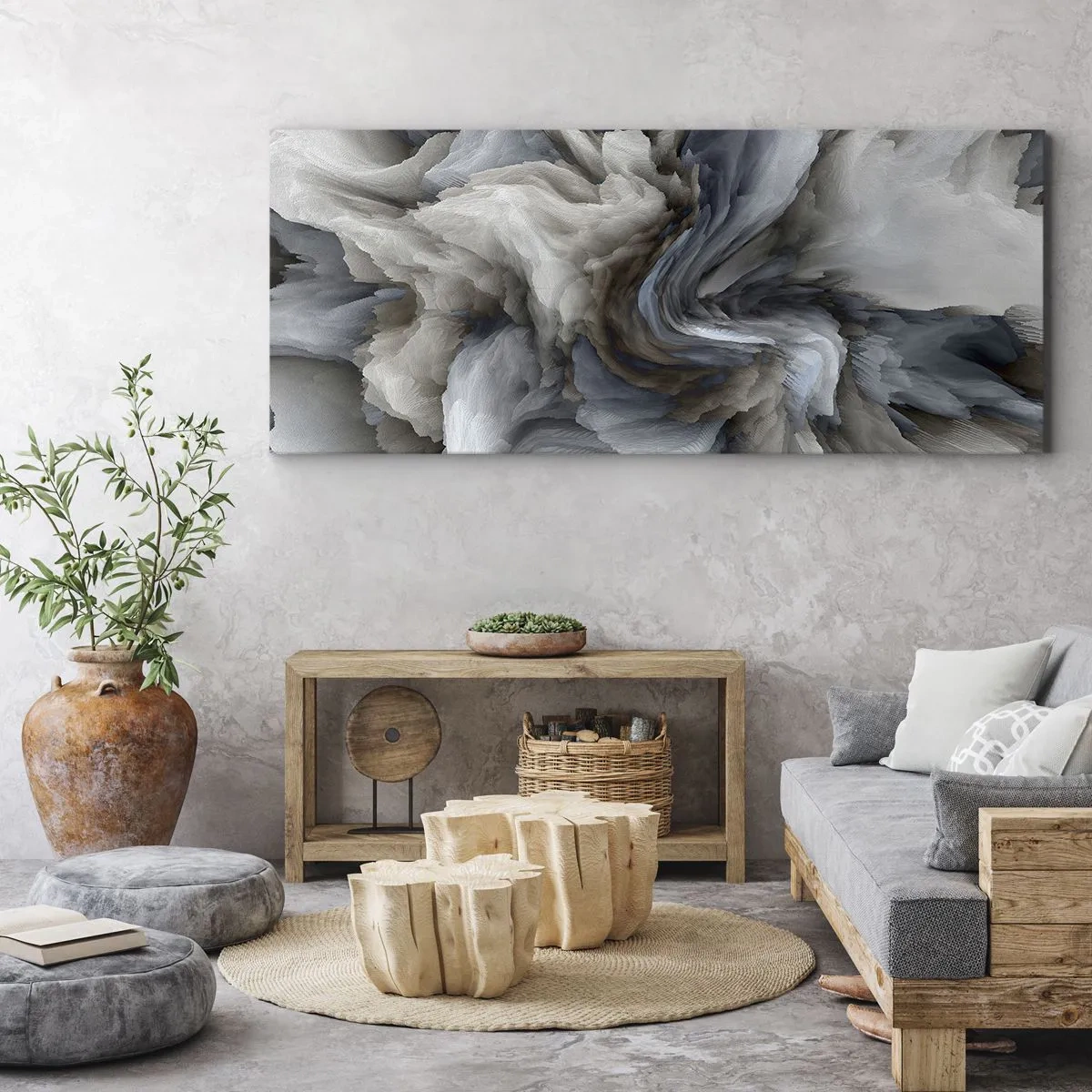 Cuadro sobre lienzo - Impresión de Imagen - Remolino abstracto en tonos de gris y azul. - 160x50cm - Piedra y flor - Decoración de pared moderna para salón y dormitorio ARTTOR