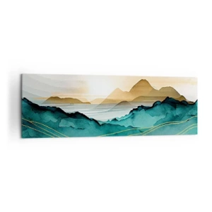 Cuadro sobre lienzo - Impresión de Imagen - Paisaje abstracto con montañas y acentos dorados. - 160x50cm - Al borde de la abstracción - paisaje - Decoración de pared moderna para salón y dormitorio ARTTOR
