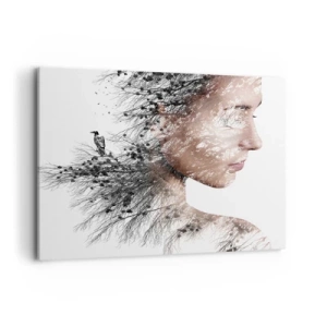 Cuadro sobre lienzo - Impresión de Imagen - Silueta de una mujer con una rama y un motivo de pájaro en el fondo. - 100x70cm - Espíritu del bosque - Decoración de pared moderna para salón y dormitorio ARTTOR
