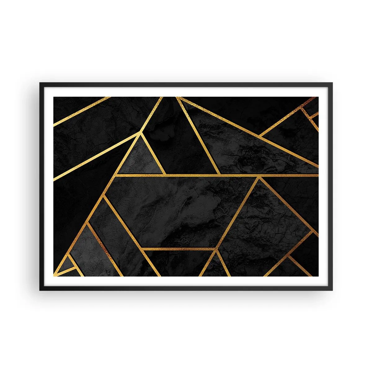 Póster en marco negro - Patrón geométrico dorado sobre fondo negro - 100x70cm - Oscuridad y brillo - Decoración de pared moderna para salón y dormitorio ARTTOR