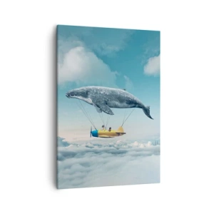 Cuadro sobre lienzo - Impresión de Imagen - Una ballena voladora transporta un avión en un entorno surrealista. - 50x70cm - ¿Por qué no? - Decoración de pared moderna para salón y dormitorio ARTTOR