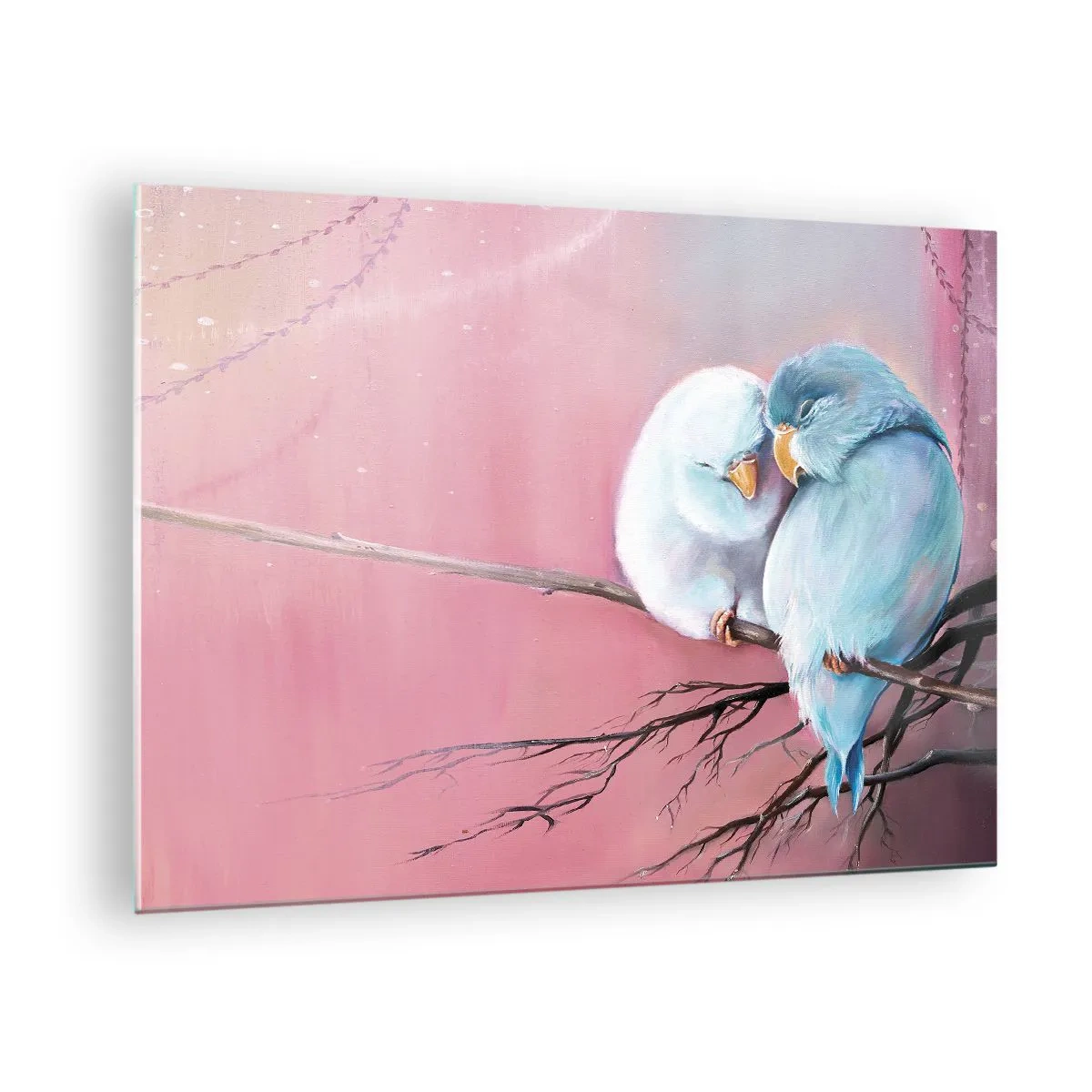 Cuadro sobre vidrio - Impresiones sobre Vidrio - Dos tortolitos sentados en una rama sobre un fondo rosa - 70x50cm - Qué añadir aquí... - Decoración de pared moderna para salón y dormitorio ARTTOR