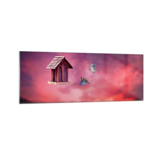 Cuadro sobre vidrio - Impresiones sobre Vidrio - Un paisaje pintoresco con una casa para pájaros y una puesta de sol. - 140x50cm - Invitación a una cena - Decoración de pared moderna para salón y dormitorio ARTTOR
