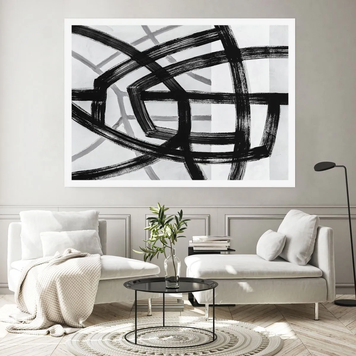 Póster - Líneas abstractas en blanco y negro que se cruzan sobre un fondo claro - 100x70cm - Construir profundidad - Decoración de pared moderna para salón y dormitorio ARTTOR