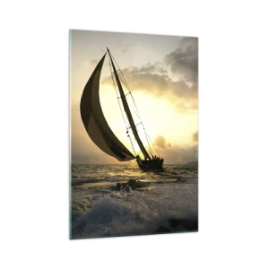 Cuadro sobre vidrio - Impresiones sobre Vidrio - Veleros en el mar durante la puesta de sol - 70x100cm - En contra y a favor del viento - Decoración de pared moderna para salón y dormitorio ARTTOR