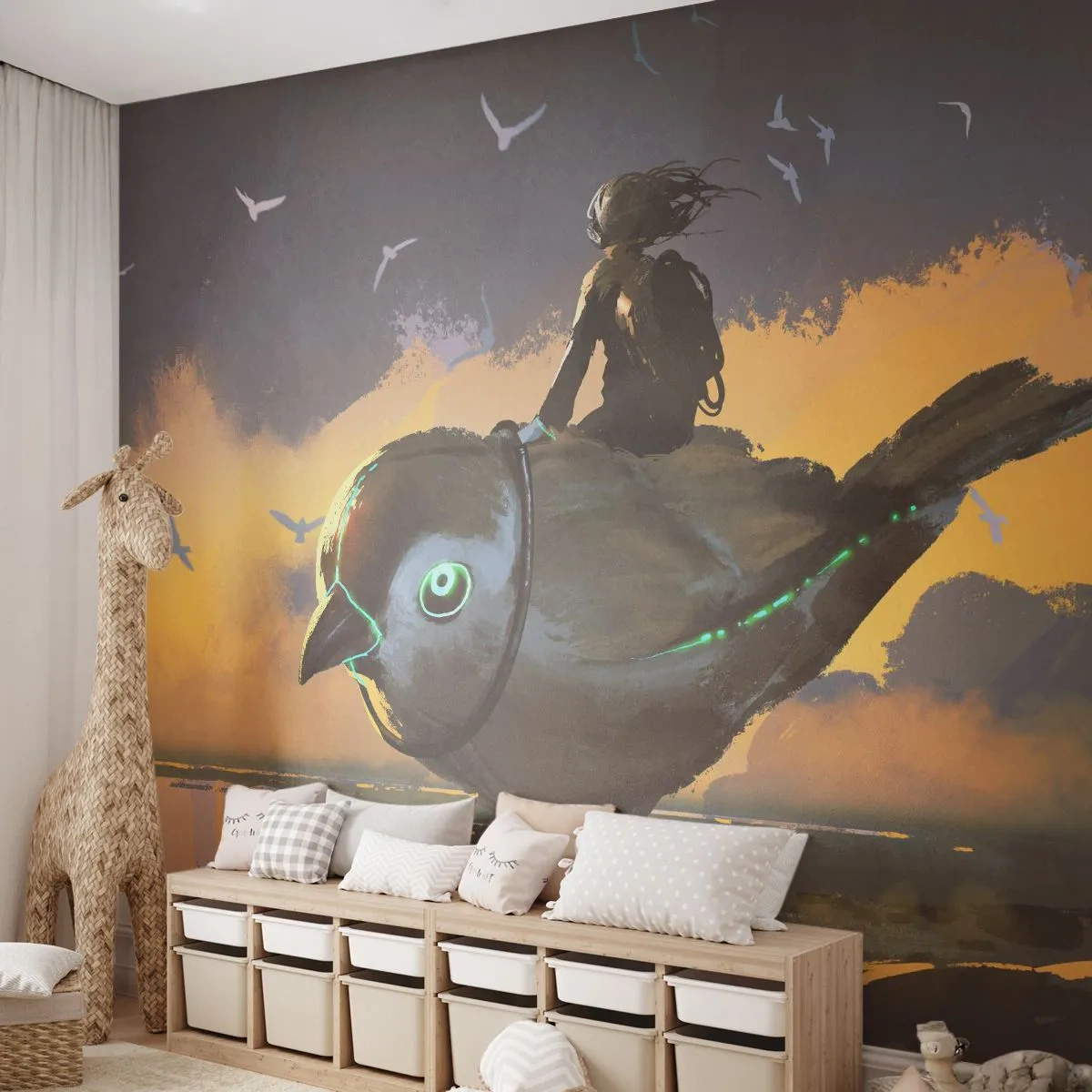 Fotomural Premium Sand - Jinete en un pájaro mecánico en un paisaje futurista - 100x70cm - Una parada en un viaje fantástico - Decoración de pared moderna para salón y dormitorio ARTTOR