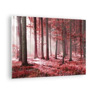 Cuadro sobre vidrio - Impresiones sobre Vidrio - Bosque otoñal en colores rojos y niebla matutina. - 70x50cm - Rojo como el que más - Decoración de pared moderna para salón y dormitorio ARTTOR