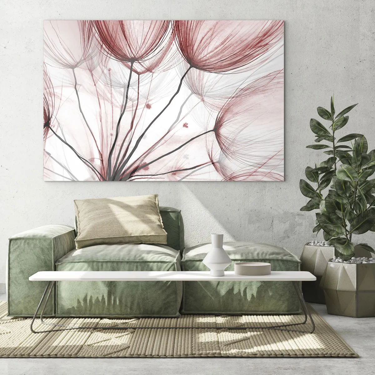 Cuadro sobre vidrio - Impresiones sobre Vidrio - Dientes de león sutiles en tonos rosa y negro. - 70x50cm - Antes de partir - Decoración de pared moderna para salón y dormitorio ARTTOR