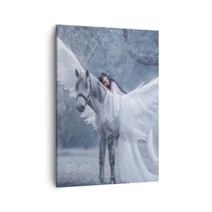 Cuadro sobre lienzo - Impresión de Imagen - Una mujer en un caballo blanco con alas en un bosque mágico. - 50x70cm - Un momento de inspiración - Decoración de pared moderna para salón y dormitorio ARTTOR