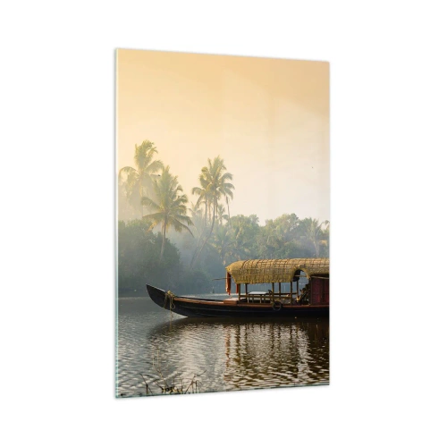 Cuadro sobre vidrio - Impresiones sobre Vidrio - Un barco tradicional en un río tranquilo entre palmeras. - 70x100cm - Casa en el río - Decoración de pared moderna para salón y dormitorio ARTTOR