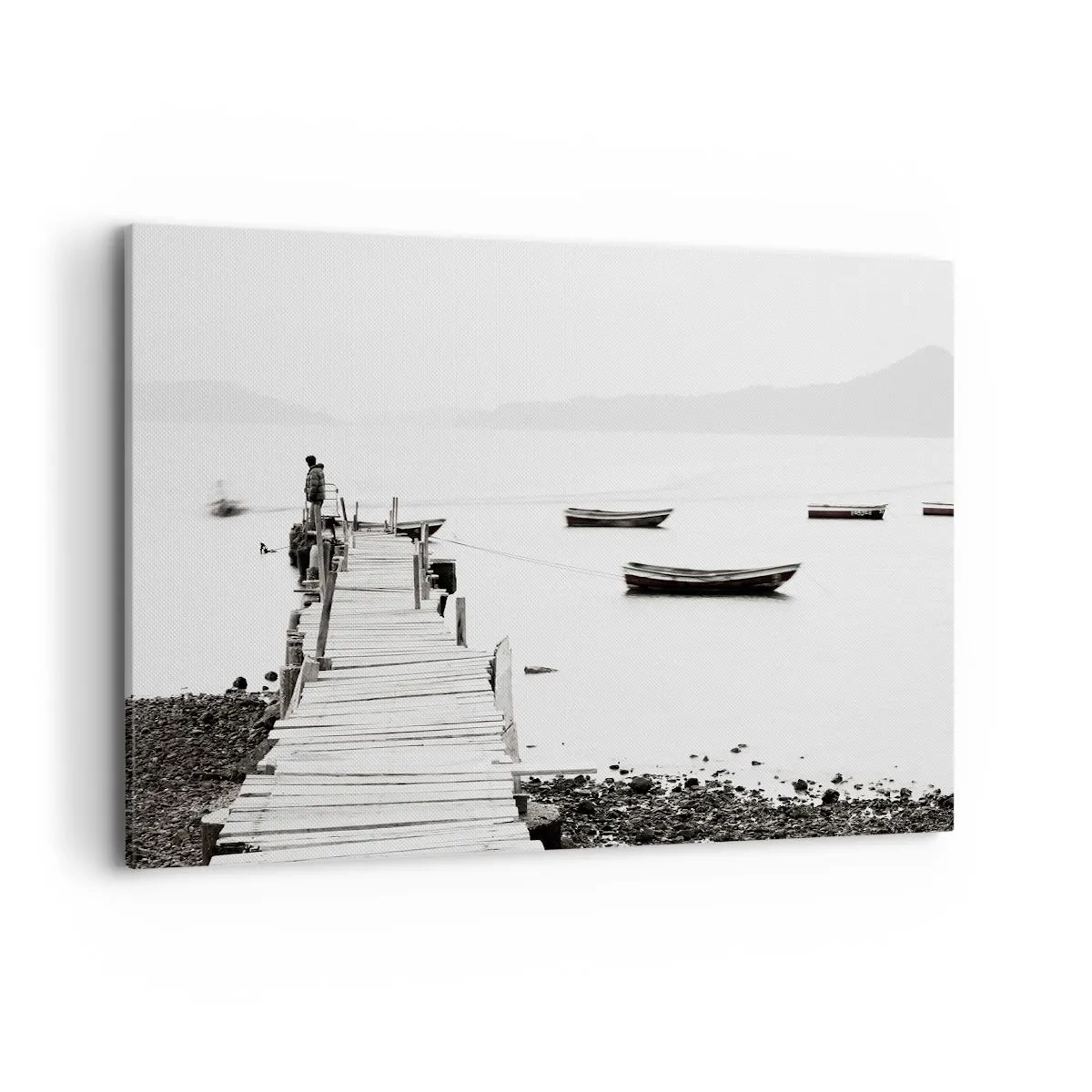 Cuadro sobre lienzo - Impresión de Imagen - Muelle de madera y barcos en aguas tranquilas - 100x70cm - Junto al agua tranquila y clara - Decoración de pared moderna para salón y dormitorio ARTTOR