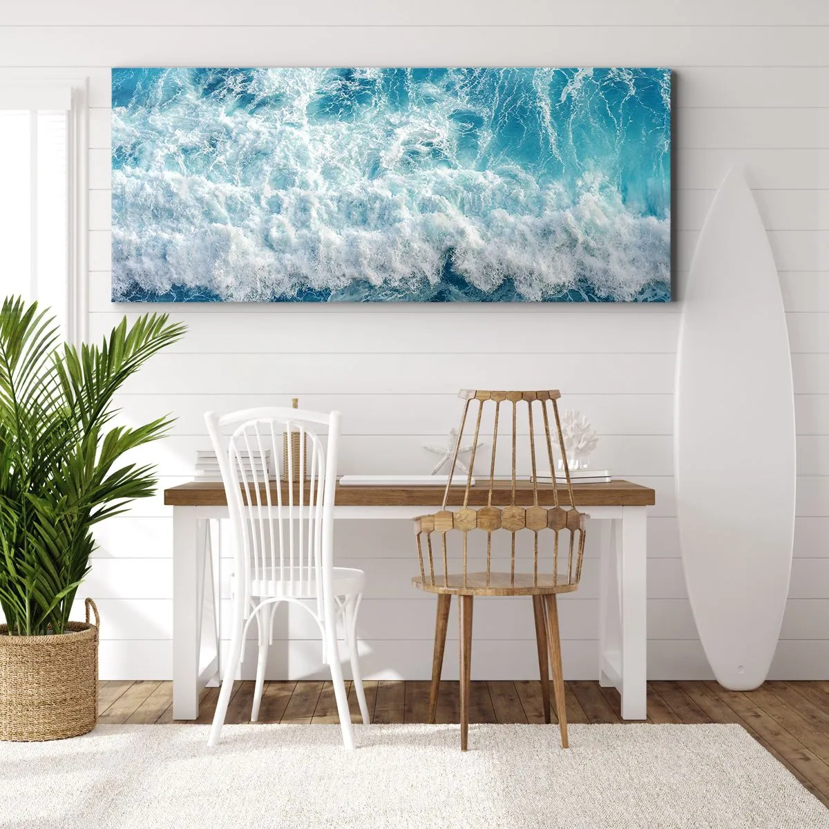 Cuadro sobre lienzo - Impresión de Imagen - Olas oceánicas dinámicas en tonos azules - 160x50cm - Alegre y con mucho brío - Decoración de pared moderna para salón y dormitorio ARTTOR