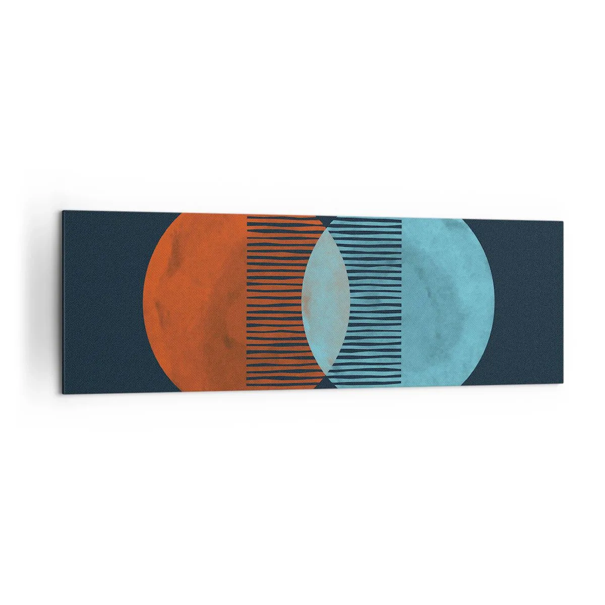 Cuadro sobre lienzo - Impresión de Imagen - Dos círculos naranjas y azules sobre un fondo oscuro. - 160x50cm - Fantasía astronómica - Decoración de pared moderna para salón y dormitorio ARTTOR