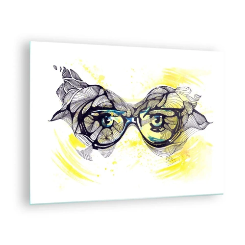 Cuadro sobre vidrio - Impresiones sobre Vidrio - Gafas con patrones artísticos y ojos sobre un fondo en tonos amarillos. - 70x50cm - A través de las gafas azules - Decoración de pared moderna para salón y dormitorio ARTTOR