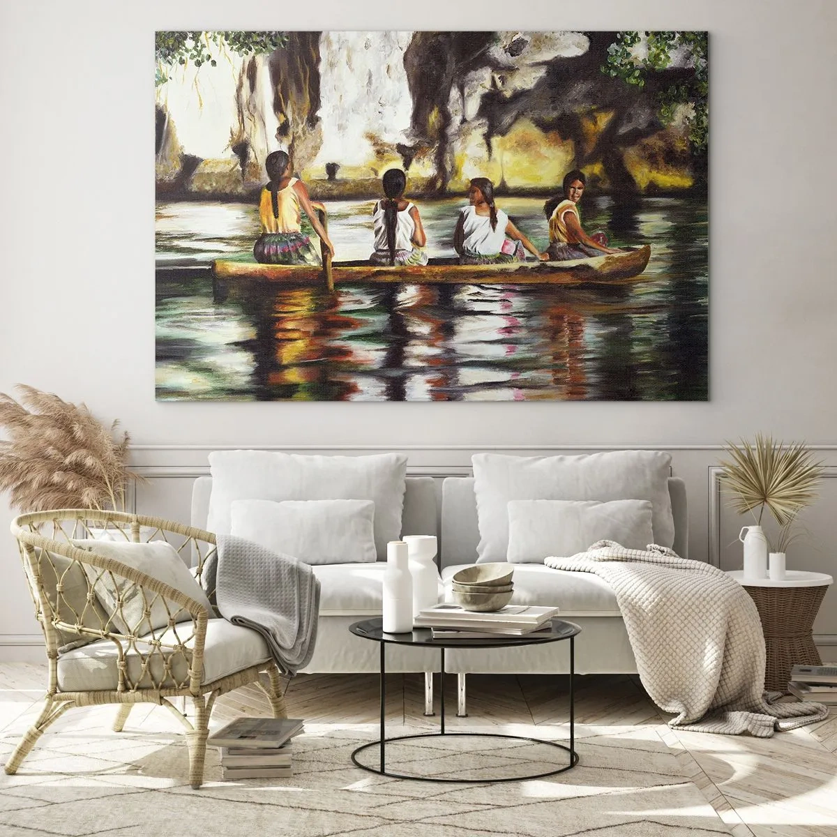 Cuadro sobre vidrio - Impresiones sobre Vidrio - Mujeres en un barco con el telón de fondo de pintorescas rocas y agua. - 70x50cm - En un paraíso polinesio - Decoración de pared moderna para salón y dormitorio ARTTOR