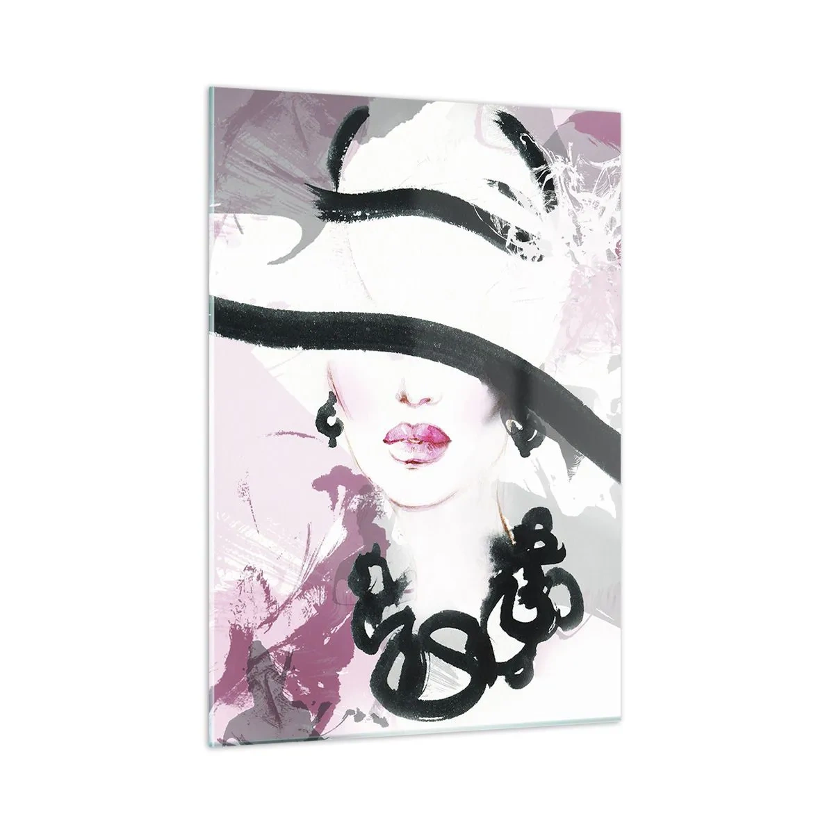 Cuadro sobre vidrio - Impresiones sobre Vidrio - Retrato de una mujer con un sombrero negro sobre un fondo rosa. - 50x70cm - Retrato de una dama en negro y rosa - Decoración de pared moderna para salón y dormitorio ARTTOR