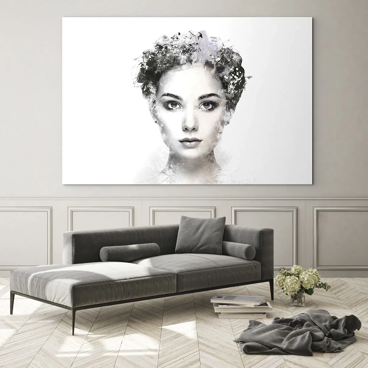 Cuadro sobre vidrio - Impresiones sobre Vidrio - Rostro de mujer en estilo acuarela sobre fondo blanco. - 70x50cm - Un retrato extremadamente elegante - Decoración de pared moderna para salón y dormitorio ARTTOR