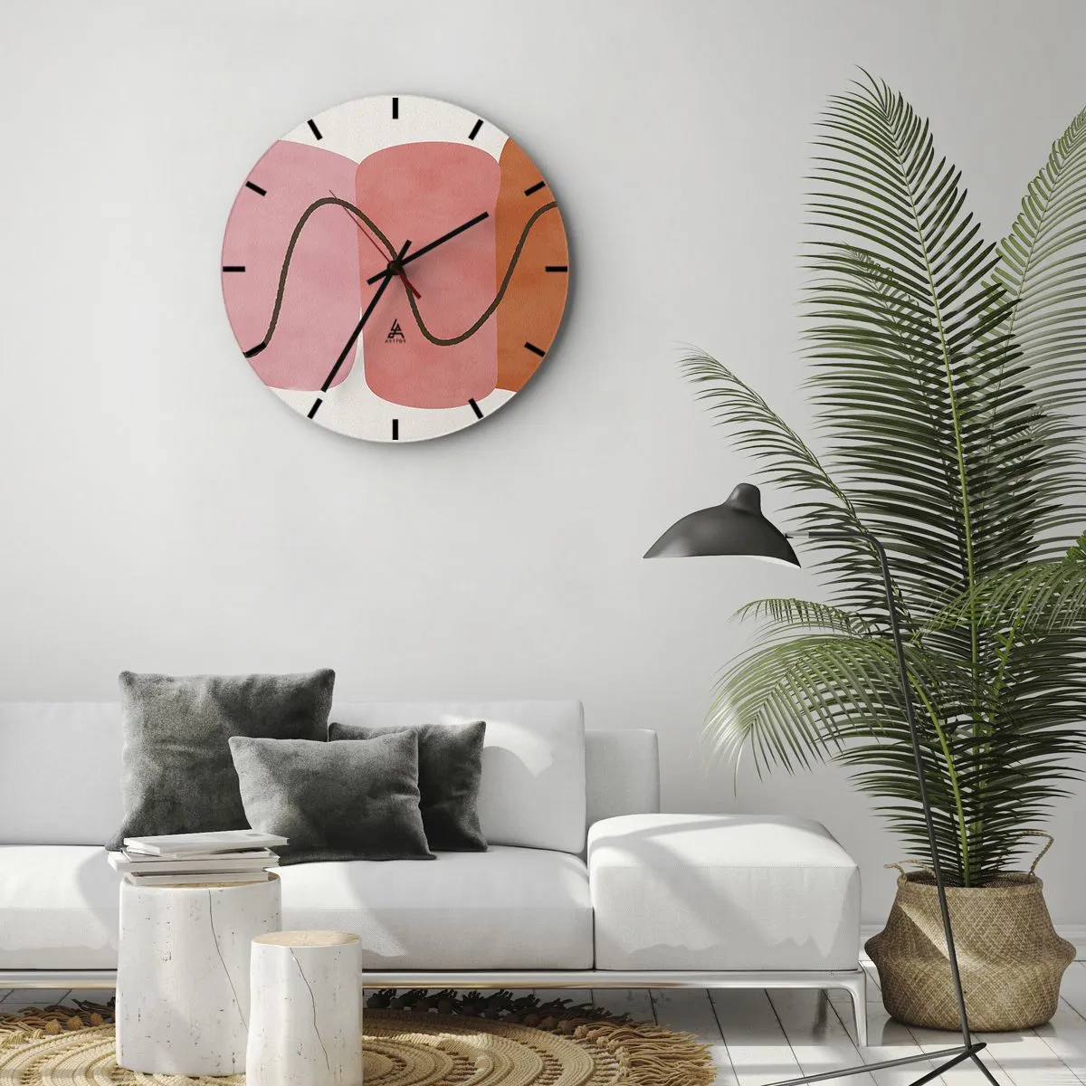 Reloj de pared - Reloj de vidrio - Formas abstractas en tonos rosa y naranja con líneas onduladas. - 30x30cm - Suave movimiento de formas - Decoración de pared moderna para salón, cocina y dormitorio ARTTOR