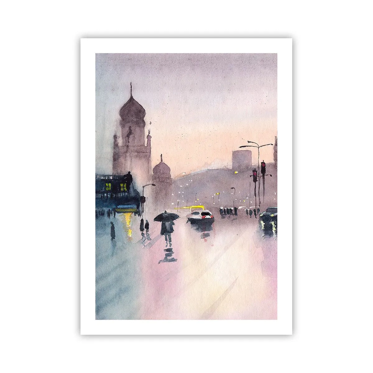 Póster - Escena de la ciudad con siluetas de personas y luces en la niebla de la lluvia. - 50x70cm - En una niebla lluviosa - Decoración de pared moderna para salón y dormitorio ARTTOR