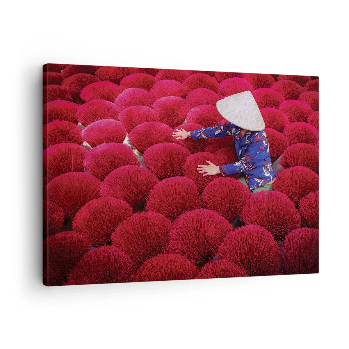 Cuadro sobre lienzo - Impresión de Imagen - Una mujer con un sombrero tradicional entre varillas de incienso rojo. - 70x50cm - En un campo de arroz - Decoración de pared moderna para salón y dormitorio ARTTOR