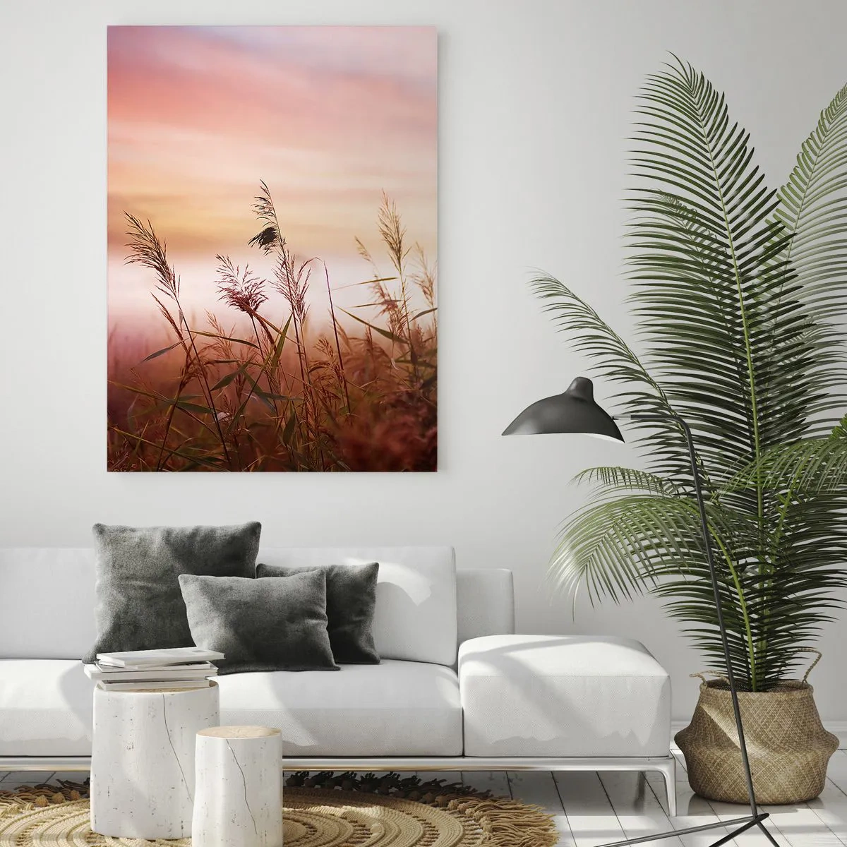 Cuadro sobre vidrio - Impresiones sobre Vidrio - Un prado en la niebla matutina con un cielo pastel. - 50x70cm - El arte del viento - Decoración de pared moderna para salón y dormitorio ARTTOR