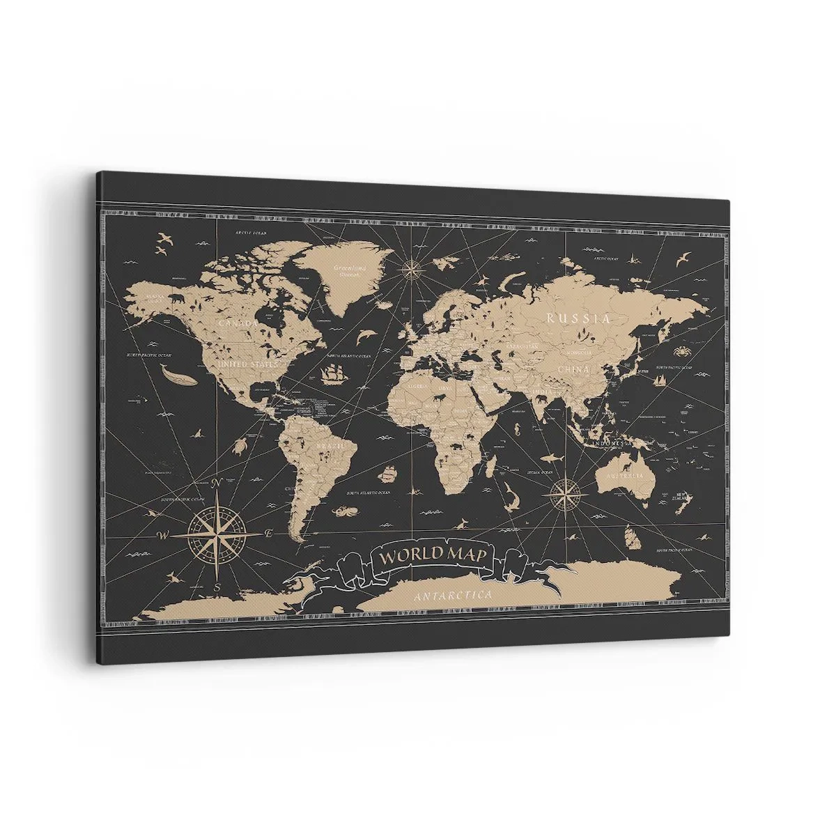 Cuadro sobre lienzo - Impresión de Imagen - Un mapa del mundo estilizado sobre un fondo negro con acentos beige. - 100x70cm - Las fronteras de mi mundo - Decoración de pared moderna para salón y dormitorio ARTTOR