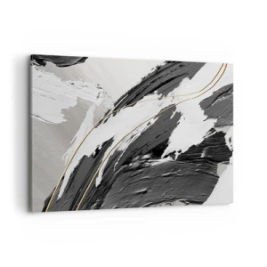 Cuadro sobre lienzo - Impresión de Imagen - Trazos de pintura en blanco y negro con un sutil acento dorado. - 100x70cm - Abstracción con estilo - Decoración de pared moderna para salón y dormitorio ARTTOR