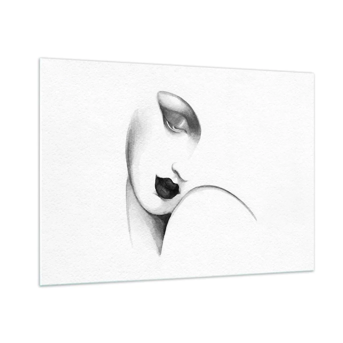 Cuadro sobre vidrio - Impresiones sobre Vidrio - Boceto Art Déco de un rostro de mujer en blanco y negro - 100x70cm - Pensativa - Decoración de pared moderna para salón y dormitorio ARTTOR