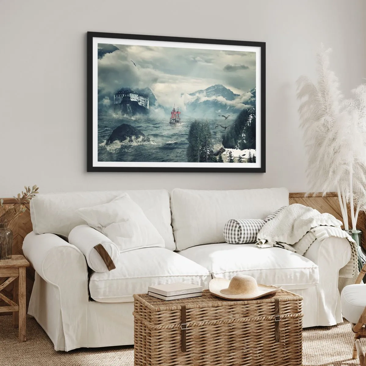 Póster en marco negro - Un paisaje misterioso con un castillo, montañas y un barco. - 70x50cm - En aguas mágicas - Decoración de pared moderna para salón y dormitorio ARTTOR